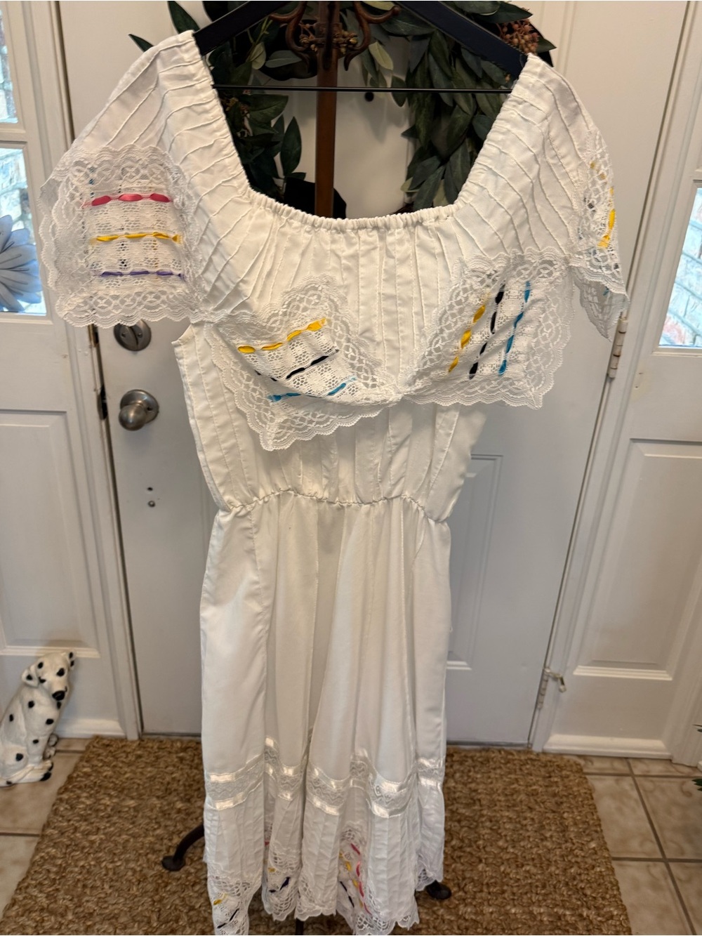 Vintage 70s Handmade Mexican Folk Peasant Off The Shoulder Dress w Lace M L - Picture 2 of 16